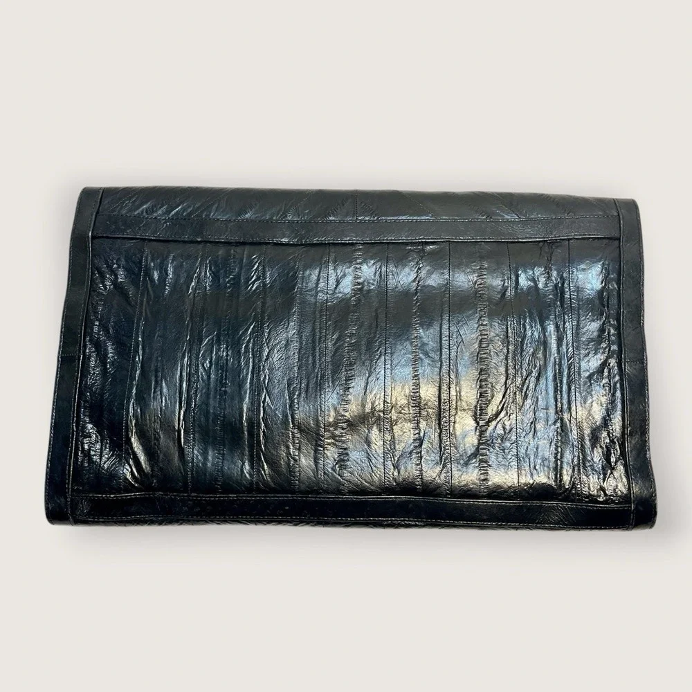 Vintage Eel Skin Leather Clutch Purse Black Slim Pockets 80s Malock Envelop